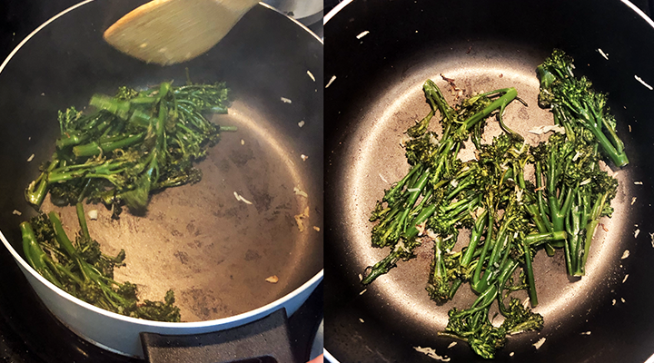 Cook the broccolini with garlic, olive oil, salt and pepper until they’re as browned as you like.]