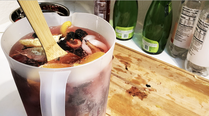 Add in a colored sparkling water to give the sangria a pop of color.